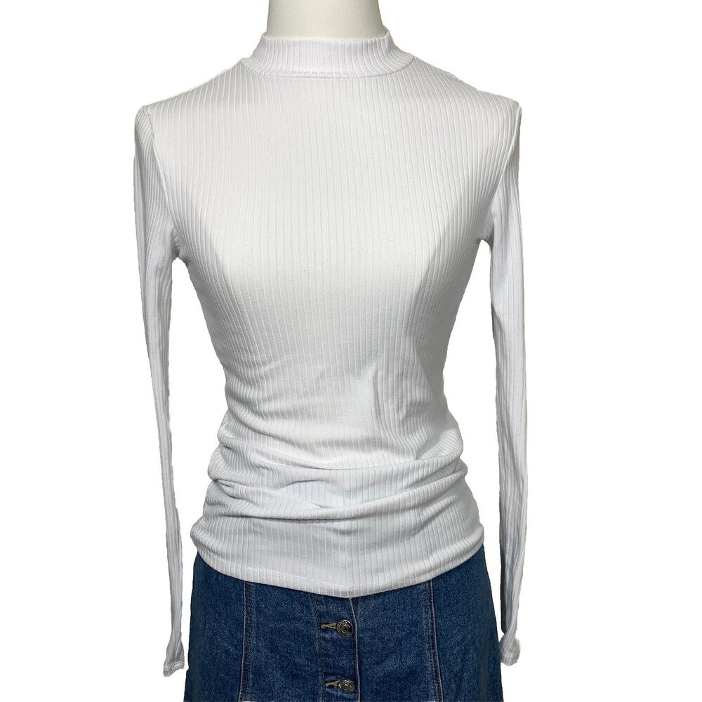 Planet Gold Ribbed Mock Neck Top Women Size S White Long‎ Sleeve Slim Fit Knit